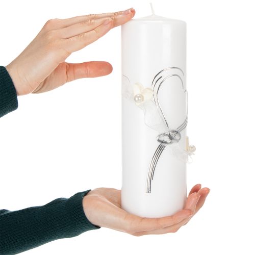 Artículo Vela festiva para bodas con un elegante diseño de corazón, adornos plateados y cinta de organza; ideal para bodas y aniversarios de plata, 230/80 mm.