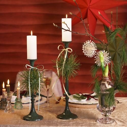Artículo Candelabro alto de metal verde aspecto cerámico Al. 38 cm