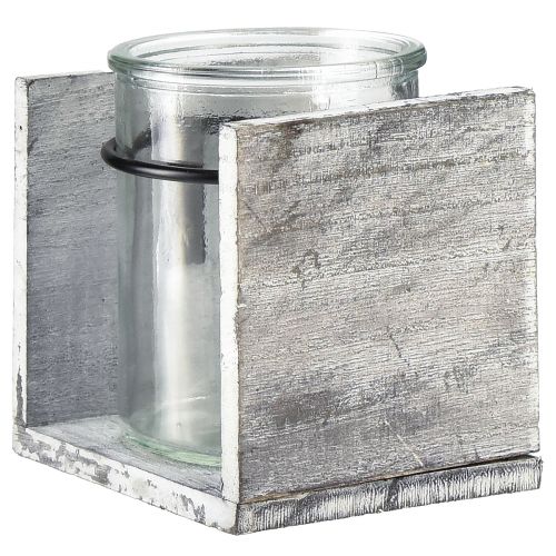 Artículo Portavelas de cristal con marco rústico de madera - blanco grisáceo, 10x9x10cm - encantadora decoración de mesa 3 piezas