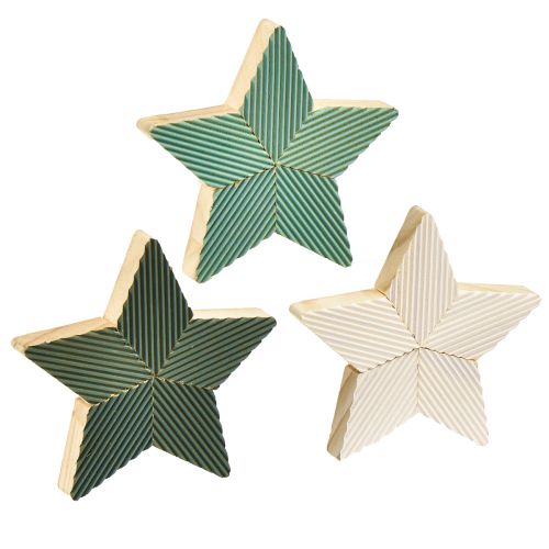 Estrellas de madera decoración de mesa estriada verde menta blanco 11cm 6 piezas