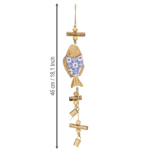 Artículo Pez de madera para colgar campana natural azul blanco H46cm