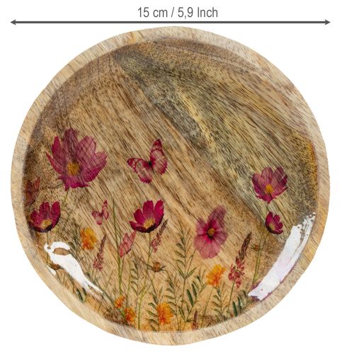 Artículo Platos de madera con flores y mariposas, rosa natural, Ø15cm, 3 piezas