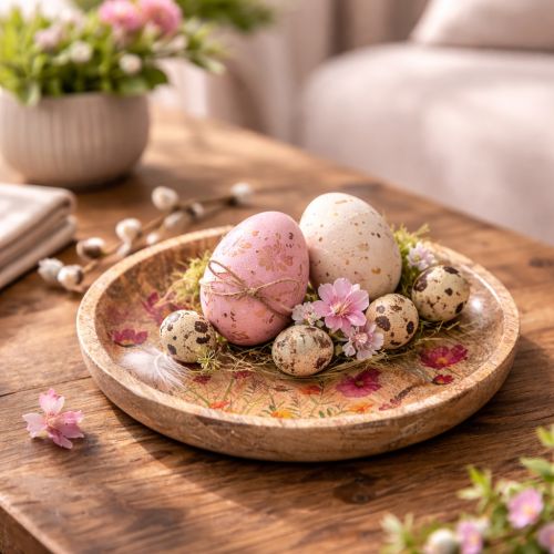 Artículo Platos de madera con flores y mariposas, rosa natural, Ø15cm, 3 piezas