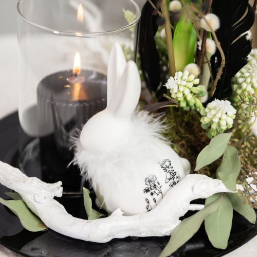 Artículo Conejito De Cerámica Blanco Sentado Flores Plumas 9×7×14cm 2uds