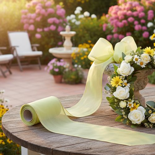 Artículo Cinta de moiré para coronas, verde claro con borde dorado, 175 mm x 25 m, decoración de alta calidad para floristería.