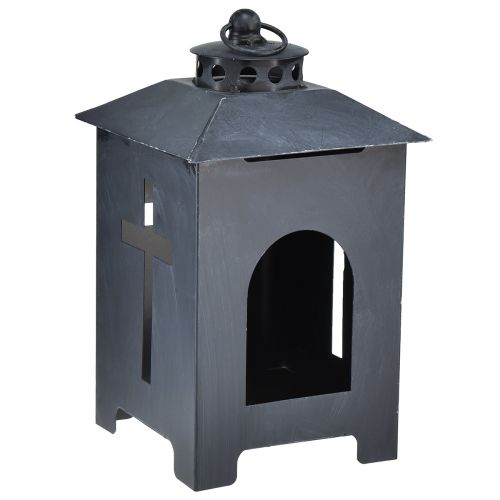 Artículo Farol para tumba, ventana cruzada, metal, gris antiguo, 13 x 27 cm