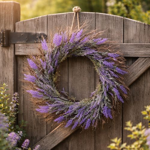 Artículo Corona artificial de lavanda para primavera, decoración de puerta, corona decorativa para la entrada, 60 cm