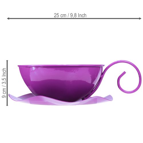 Taza decorativa de metal Ø16cm H9cm, taza de té con platillo, color morado, 2 piezas | Floristik24.es