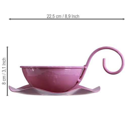 Artículo Taza decorativa de metal con platillo, rosa, 8 cm de alto x 11,5 cm de diámetro, 2 piezas