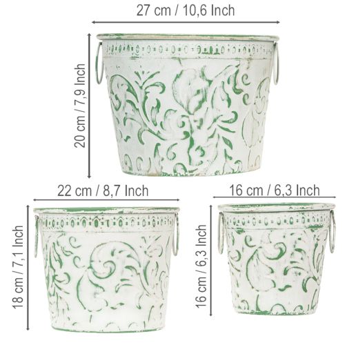 Artículo Macetas de metal con asas, maceteros con relieve, blanco, verde, estilo shabby chic, H20.5/18.5/16cm, Ø25.5/20.5/15.5cm, juego de 3