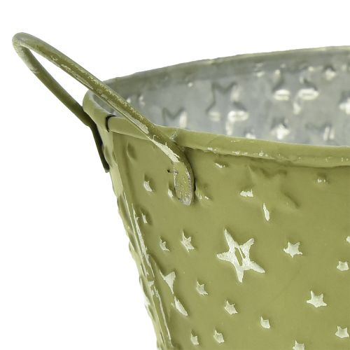 Artículo Cuenco de metal estrellas ovaladas y asas verde 31×16cm H12,5cm