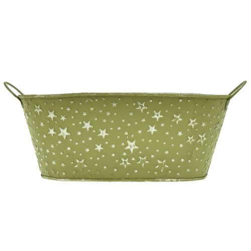 Artículo Cuenco de metal estrellas ovaladas y asas verde 31×16cm H12,5cm