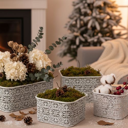 Artículo Cuencos metálicos con diseño de encaje, recipiente decorativo, cuadrados, estilo shabby chic, blancos, 27/23/19 cm, 13,5 cm de alto, juego de 3