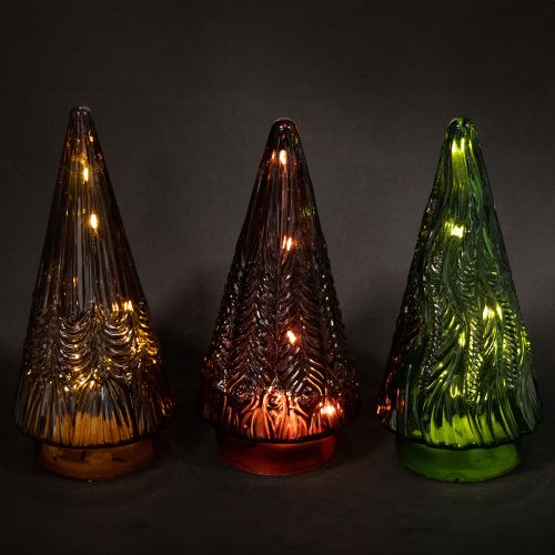 Artículo Mini árbol de Navidad de cristal LED rojo, verde y marrón de 18 cm, 3 unidades