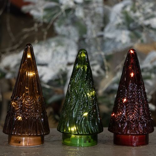 Artículo Miniárbol de Navidad de cristal con luces LED rojas, verdes y marrones, 18 cm, 3 unidades