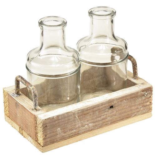 Artículo Juego mini jarrones cristal bandeja decorativa madera vintage 16x10x14cm