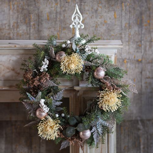 Artículo Alfiletero flores artificiales exóticas Protea Leucospermum crema 73cm 3ud