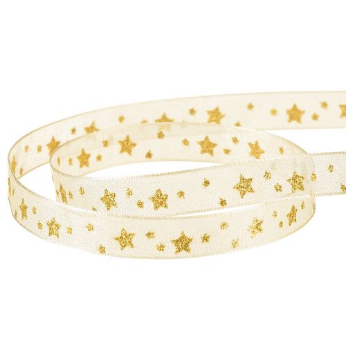 Artículo Cinta de organza Cinta navideña estrellas beige dorado A10mm L20m