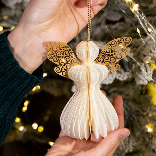 Artículo Adornos de papel para árbol de Navidad, colgantes de ángel, blanco y dorado, 12 cm, 4 piezas