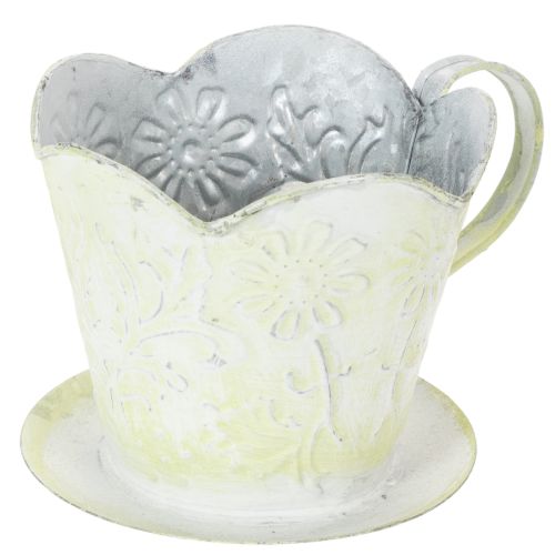 Floristik24 Maceta, soporte decorativo para filtro de café, taza de metal para plantar, decoración floral verde y blanca, estilo shabby chic, 11 cm de alto x 11 cm de diámetro.