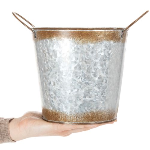 Artículo Macetero, florero o maceta de metal con asas plateadas, acabado en acero envejecido, Ø18cm H20cm