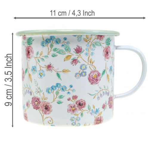 Artículo Jarrón para plantar rosas, taza decorativa de esmalte con asa, blanca, Ø9,5 cm.