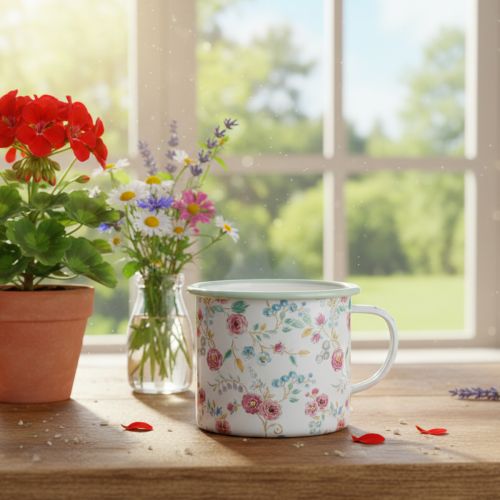 Artículo Jarrón para plantar rosas, taza decorativa de esmalte con asa, blanca, Ø9,5 cm.