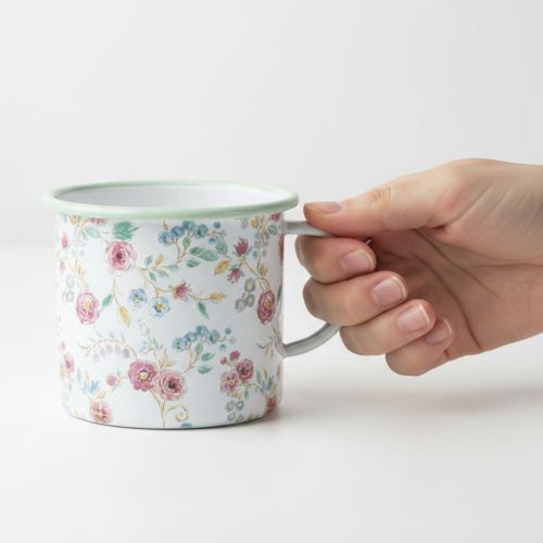Artículo Jarrón para plantar rosas, taza decorativa de esmalte con asa, blanca, Ø9,5 cm.