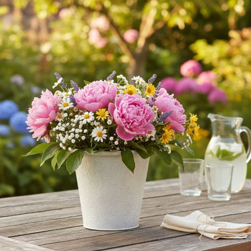 Artículo Maceta con adornos, maceta decorativa, recipiente de metal, blanco, Ø15,5 cm, H14,5 cm