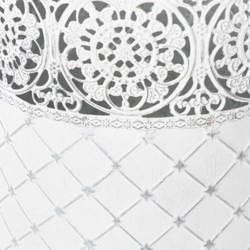 Artículo Maceta con diseño de encaje, recipiente de metal, cubo decorativo, blanco, plateado, estilo shabby chic, H28/25.5/23.5cm, Ø29.5/25.5/20cm, juego de 3