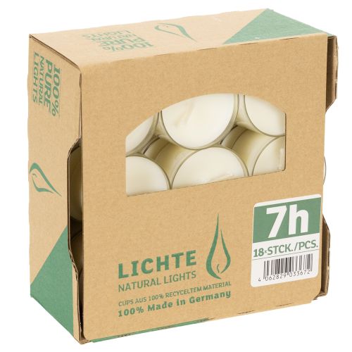 Artículo Velas de té PURE Nature Lights de cera de colza natural. Tiempo de combustión: 7 horas. 18 piezas.