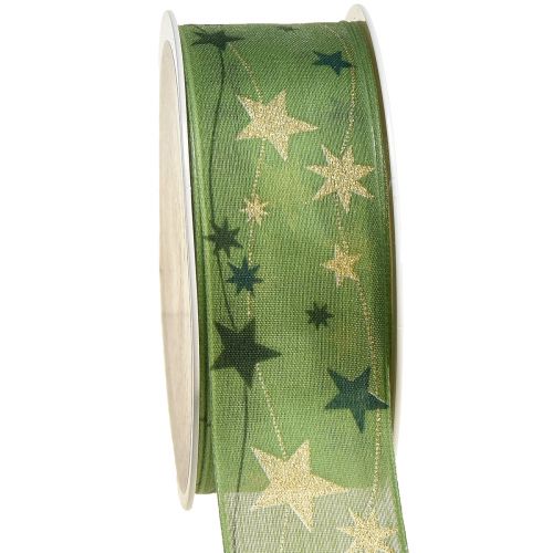 Floristik24 Cinta navideña con estrellas cinta de regalo verde con borde de alambre 40mm 15m
