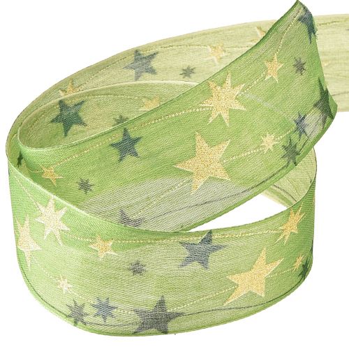 Floristik24 Cinta navideña con estrellas cinta de regalo verde con borde de alambre 40mm 15m