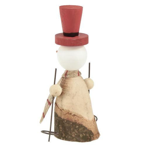 Artículo Adorable juego de 2 muñecos de nieve de madera con sombreros de copa rojos - Decoración de mesa de invierno - Natural y rojo, 15,5 cm, 2 unidades