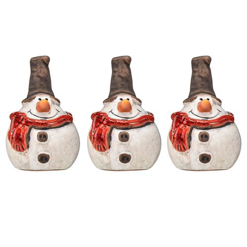 Artículo Figura de muñeco de nieve de cerámica, 8,5 cm, con chistera y pañuelo rojo - Decoración navideña e invernal - 3 piezas
