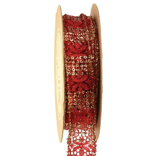 Artículo Cinta de encaje con brillo rojo dorado cinta decorativa tela 25mm 15m