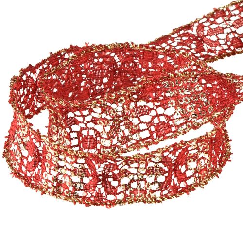 Artículo Cinta de encaje con brillo rojo dorado cinta decorativa tela 25mm 15m