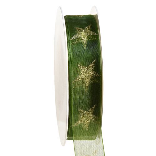 Artículo Cinta de estrella cinta de organza verde dorado Navidad A25mm L18m