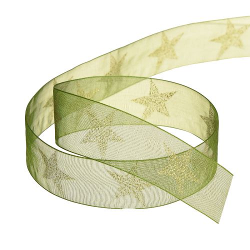 Artículo Cinta de estrella cinta de organza verde dorado Navidad A25mm L18m