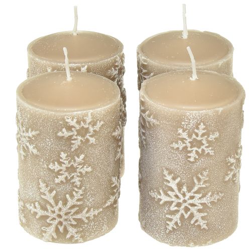 Floristik24 Velas de pilar velas beige copos de nieve 100/65mm 4 piezas