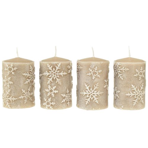 Floristik24 Velas de pilar velas beige copos de nieve 100/65mm 4 piezas
