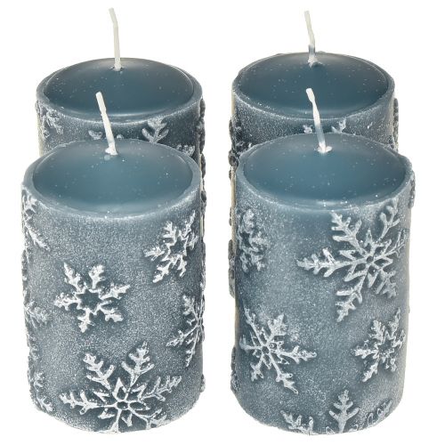 Floristik24 Velas de pilar velas azules copos de nieve 100/65mm 4 piezas