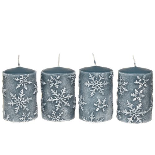 Floristik24 Velas de pilar velas azules copos de nieve 100/65mm 4 piezas