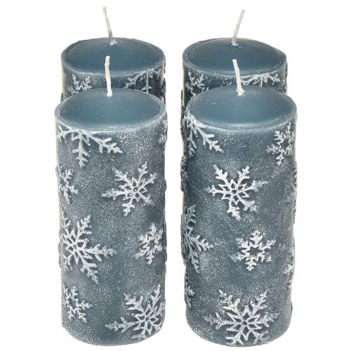 Floristik24 Velas de pilar velas azules copos de nieve 150/65mm 4 piezas