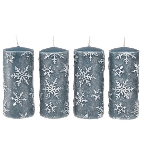 Floristik24 Velas de pilar velas azules copos de nieve 150/65mm 4 piezas