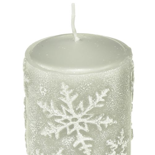 Floristik24 Velas de pilar velas grises copos de nieve 100/65mm 4 piezas