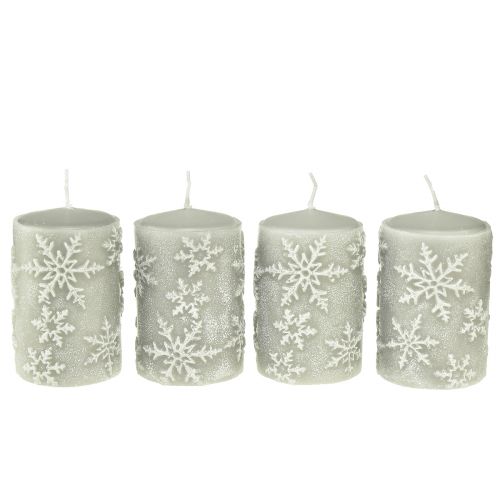 Floristik24 Velas de pilar velas grises copos de nieve 100/65mm 4 piezas