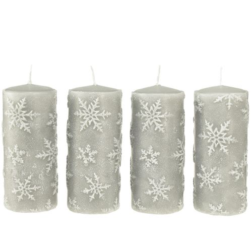 Artículo Velas de pilar velas grises copos de nieve 150/65mm 4 piezas