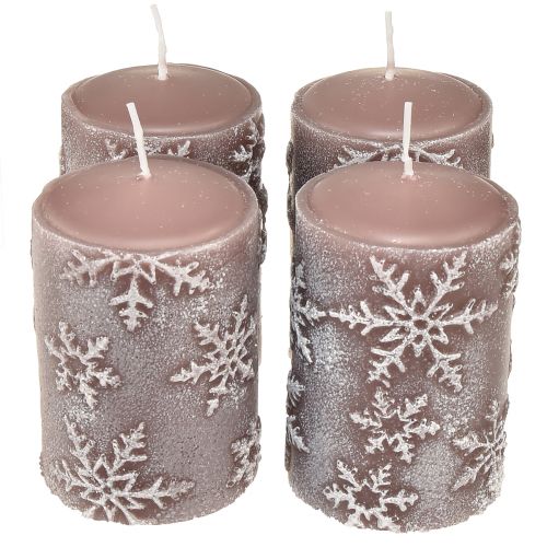 Floristik24 Velas de pilar velas rosas copos de nieve 100/65mm 4 piezas