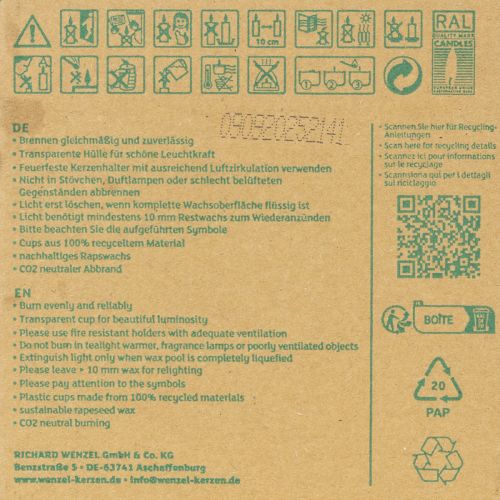 Artículo Velas de té Pure Nature Lights, 10 horas de duración, velas de cera de colza, 8 unidades